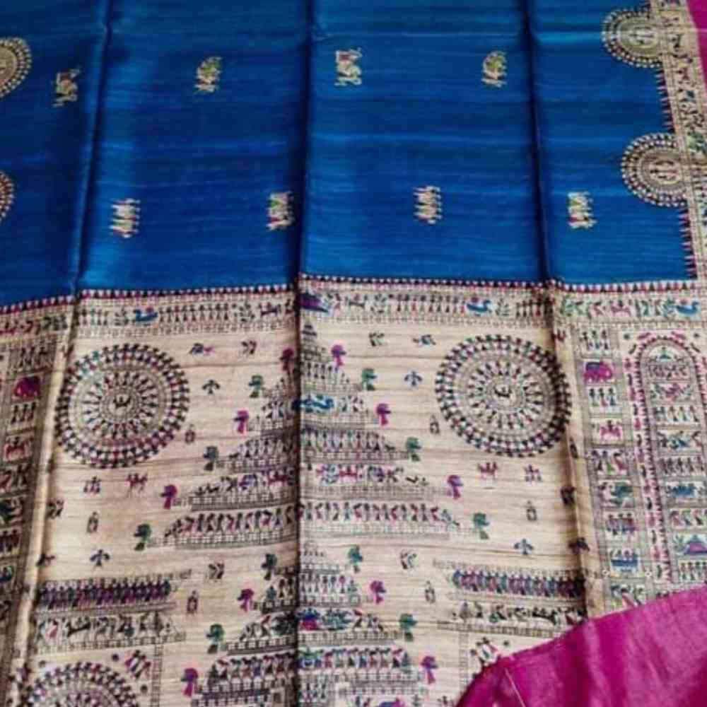 Divine Romance: Radha Krishna Madhubani Print Saree in Blue